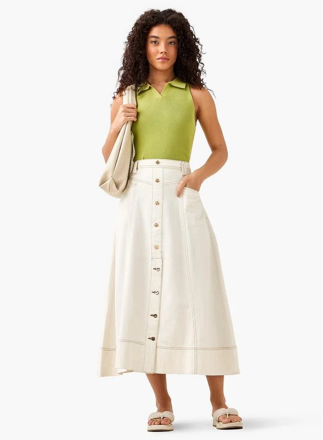 Lee Cooper Lee Cooper Midi Cotton Denim A-line Skirt with Button Detail